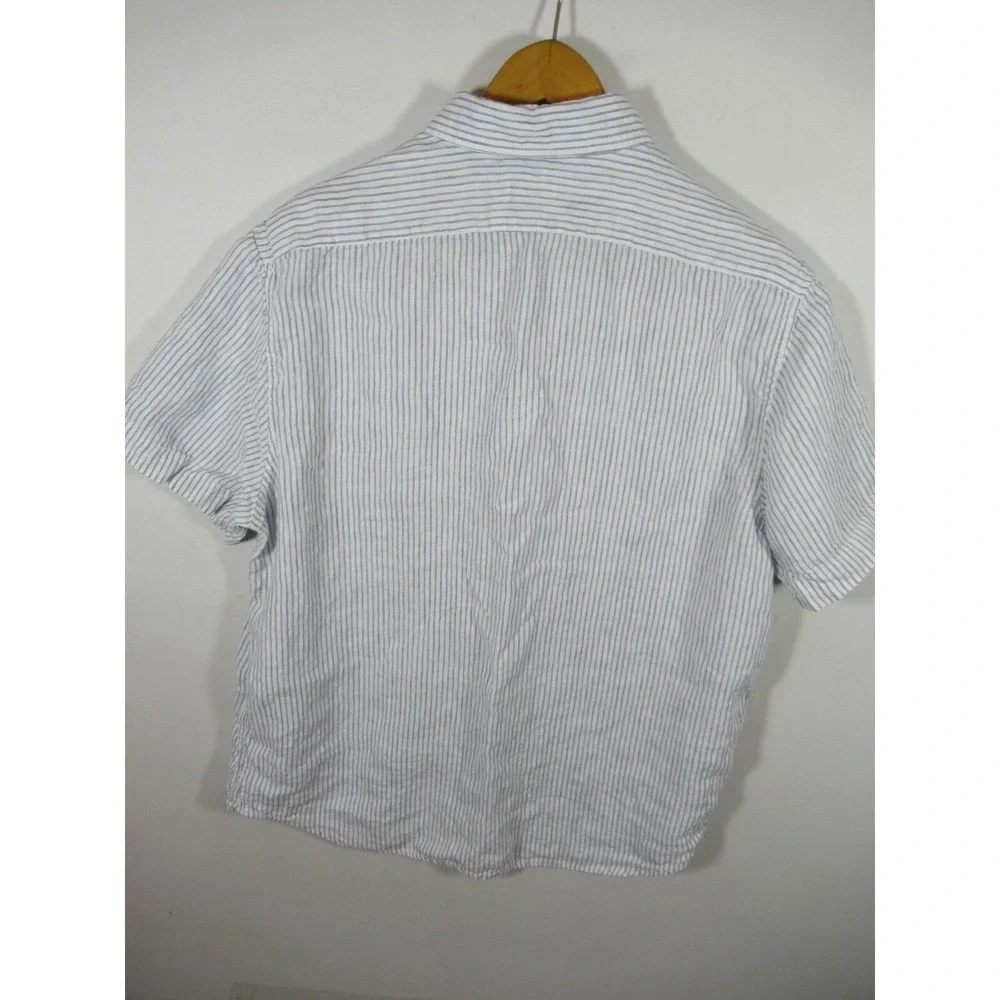 Banana Republic Castelletto Linen Shirt Men L Blue Stripe Short Sleeve 817449